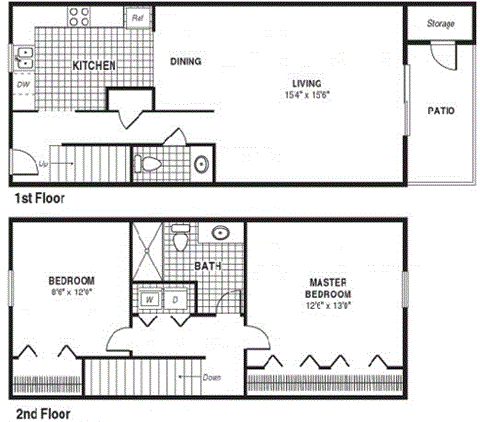 Floor plan for 2 beds, 2 baths, 975 sqft